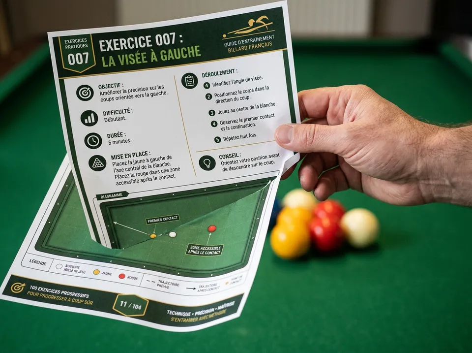 Une main tient une fiche d’exercice A4 au-dessus d’un billard