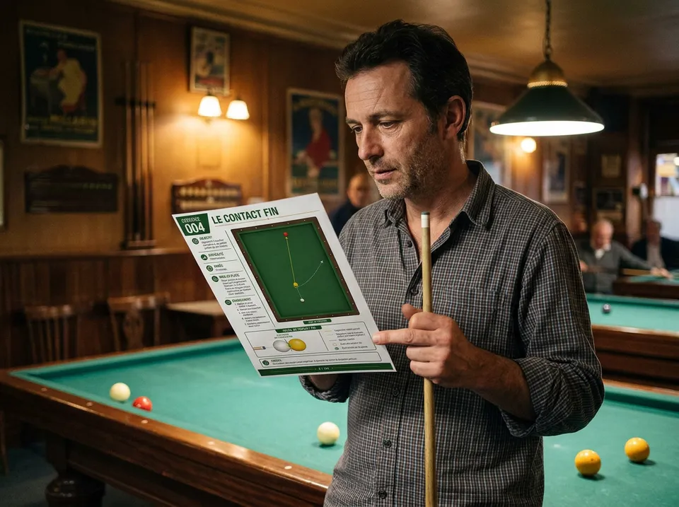 Un joueur français consulte une fiche imprimée près d’une table de billard