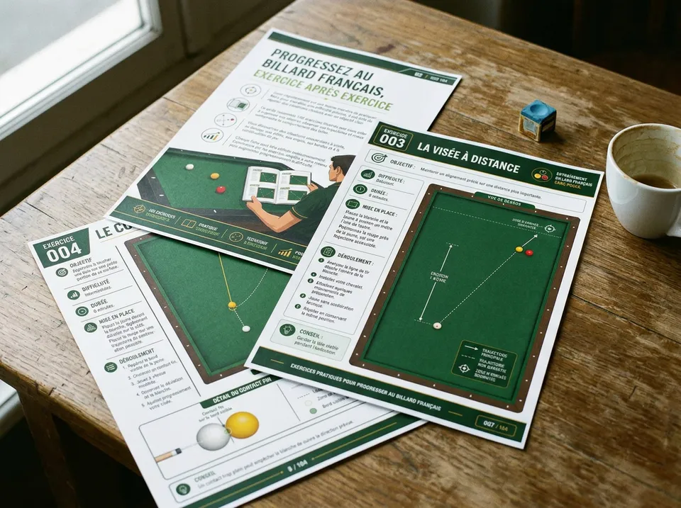 Pages du guide de billard imprimées en A4 sur une table
