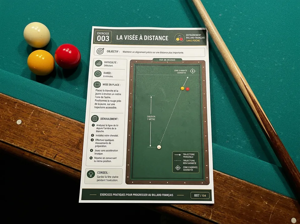 Fiche d’exercice imprimée posée sur la bande d’un billard