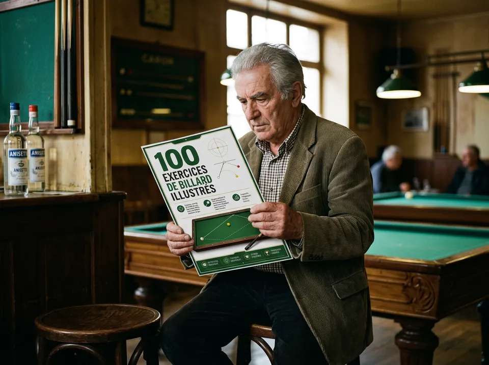 Un joueur français étudie la couverture imprimée du guide dans un club de billard